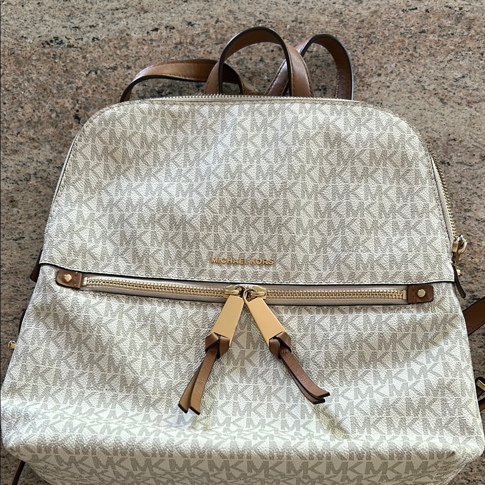 Michael Kors Cream and Brown Logo Backpack